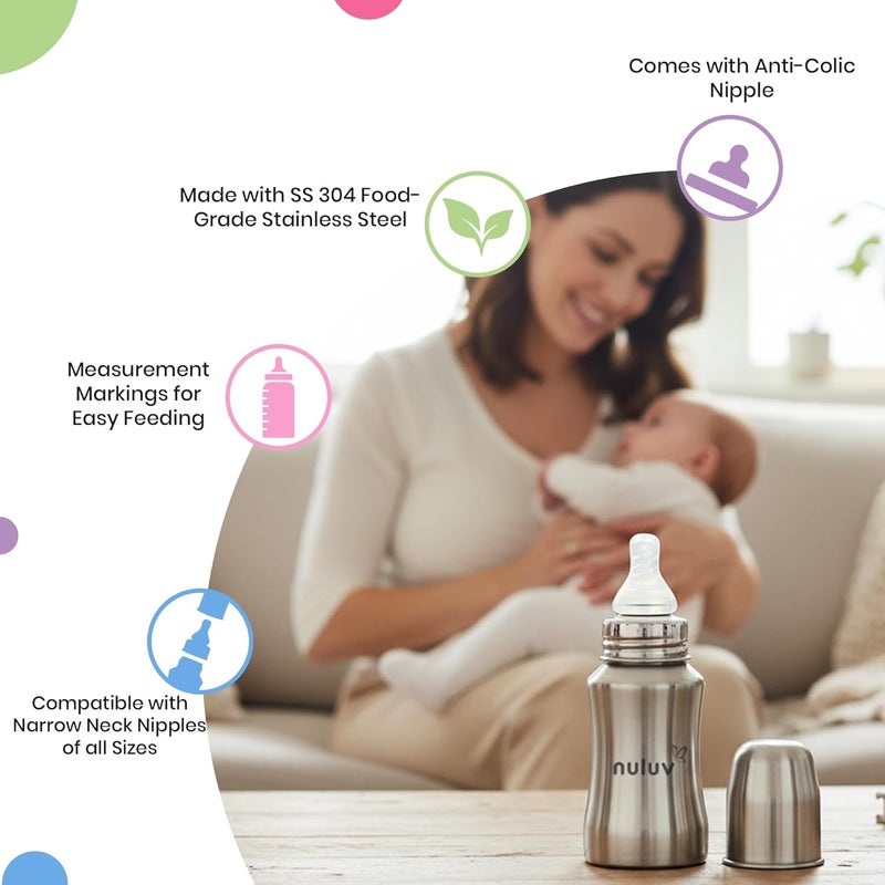 Nuluv Nourish+ Stainless Steel Feeding Bottle 140ml with Anti-Colic Silicone Nipple for Babies - Image 3